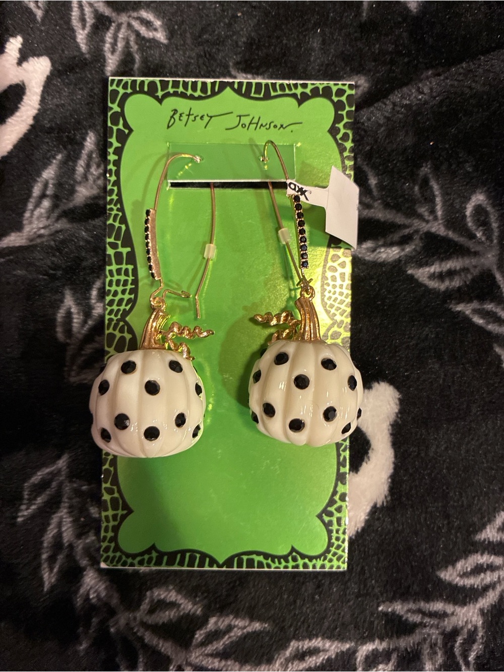 Betsey Johnson White & Black Polka Dot Pumpkin Drop Earrings
